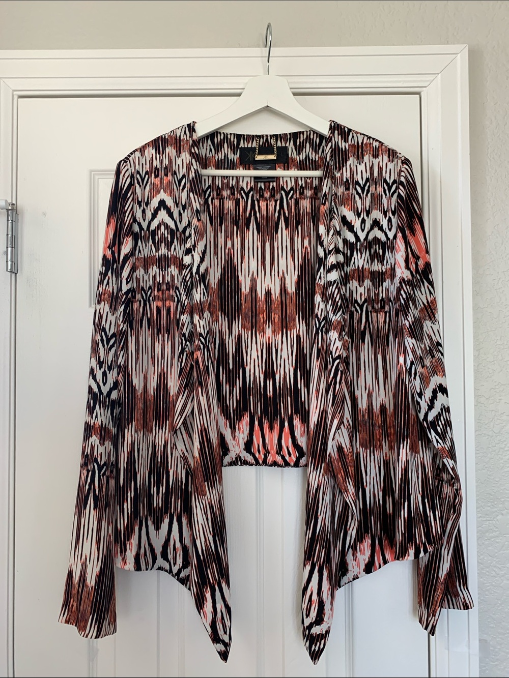 Open Front Aztec Print Cardigan in Black, White & Coral